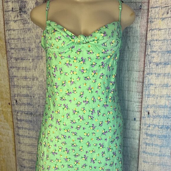 SATIN EFFECT PRINT DRESS  V-Neck Floral Mint Green Womens Dress W/ Knot Detail - Picture 5 of 9